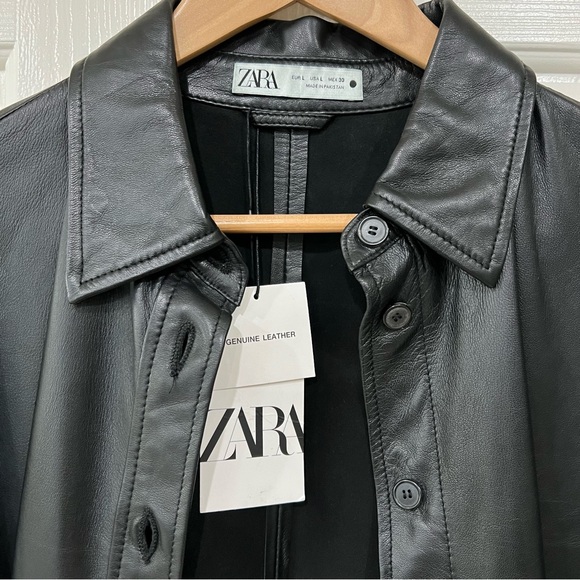 Brand New with tags Zara Black Long 100% Sheep Leather Jacket in size Large - Picture 2 of 11